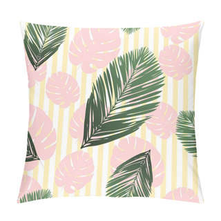Personality  Pastel Striped Vector Tropical Pattern. Plumeria, Frangipani. Exotic Vector Beach Wallpaper Seamless Pattern. Pillow Covers