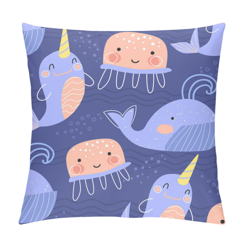 Personality  Pretty blue and pink background pattern of sea life with baleen whales and narwhals interspersed with jellyfish in square format for tiles or print pillow covers