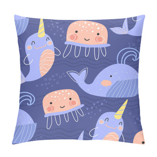 Personality  Pretty Blue And Pink Background Pattern Of Sea Life With Baleen Whales And Narwhals Interspersed With Jellyfish In Square Format For Tiles Or Print Pillow Covers