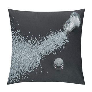 Personality  Top View Of Sprinkled Salt Crystals Near Glass Salt Shaker On Black Background Pillow Covers