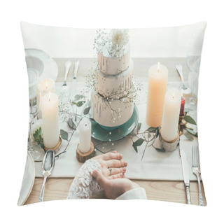 Personality  Partial View Of Newlyweds Holding Hands While Sitting At Served Table With Wedding Cake, Rustic Wedding Concept Pillow Covers