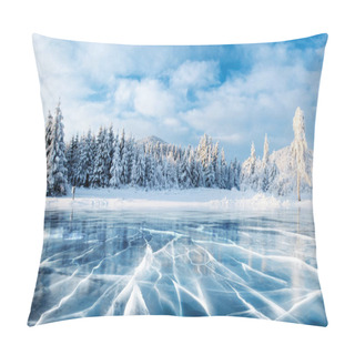 Personality  Blue Ice And Cracks On The Surface Of The Ice. Frozen Lake Under A Blue Sky In The Winter. The Hills Of Pines. Winter. Carpathian, Ukraine, Europe Pillow Covers
