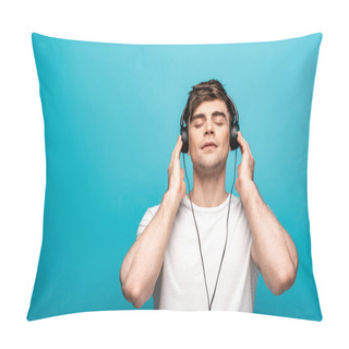 Personality  Dreamy Young Man In Headphones Listening Music With Closed Eyes On Blue Background Pillow Covers