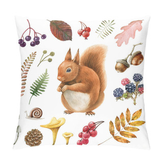 Personality  Wildlife Autumn Forest Watercolor Set. Hand Drawn Squirrel With Acorn, Blackberry, Mushrooms, Fern, Autumn Golden Leaves. Realistic Wild Nature Element Set. Funny Animal Woodland Harvest Collection Pillow Covers