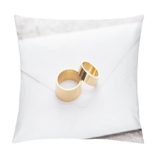 Personality  Golden Wedding Rings On White Envelope On Grey Textured Surface Pillow Covers