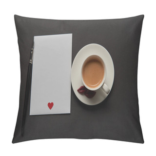 Personality  Top View Of Empty Greeting Card With Red Heart Sign Near Cup Of Coffee Pillow Covers