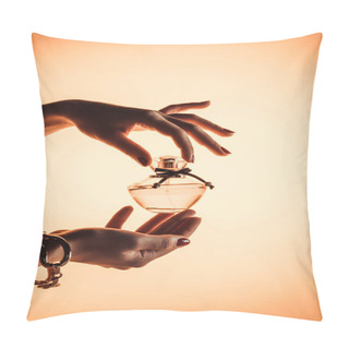 Personality  Cropped View Of Woman Holding Sensual Perfume, Isolated On Yellow Pillow Covers