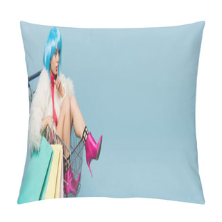 Personality  Asian Pop Art Woman Holding Shopping Bags And Showing Shh Gesture In Cart Isolated On Blue, Banner  Pillow Covers
