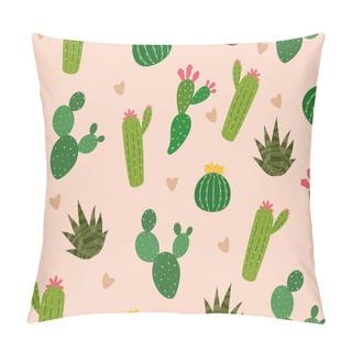 Personality  Seamless Pattern Of Many Cactus With Mini Heart On Background - Vector Illustration Pillow Covers