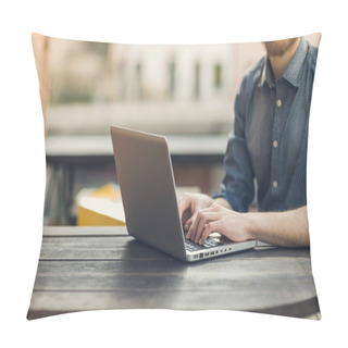 Personality  Man Using A Laptop On An Outdoor Table Pillow Covers