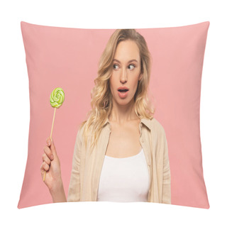 Personality  Exited Woman Looking At Lollipop Isolated On Pink Pillow Covers