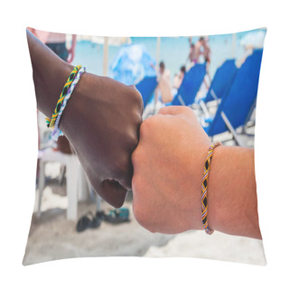 Personality  Two Fists Of Two Different Ethnicity People With Braided Bracelets From Colored Threads On Each Of The Wrists Touching Each Other In A Friendship And Peace Sign Symbolism Pillow Covers