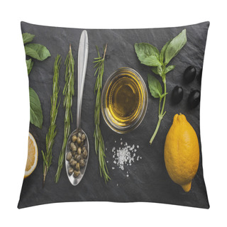 Personality  Herbs Mix With  Lemons , Capers And Olives On The Black Stone Table Pillow Covers