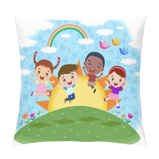 Personality  Multicultural Children Jumping On The Hill Pillow Covers