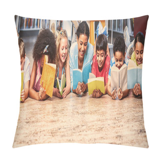 Personality  Happy Teacher With Students Reading Books While Lying Down In Library Pillow Covers