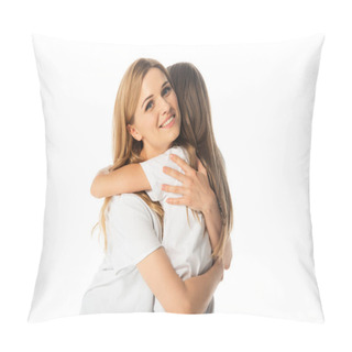 Personality  Happy Mother Hugging Daughter Isolated On White Pillow Covers