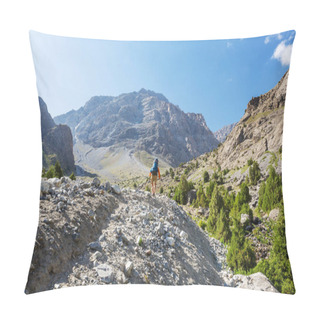 Personality  Wanderlust Time. Man Hiking In Beautiful Fann Mountains In Pamir, Tajikistan. Central Asia. Pillow Covers