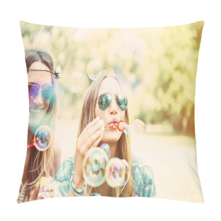 Personality  Twin Sisters Making Soap Bubbles In A Park Pillow Covers