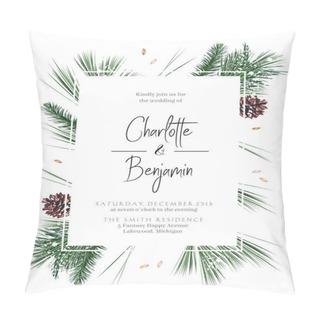 Personality  Emerald Christmas Greenery, Spruce, Fir, Pine Cones Seasonal Vector Design Frame Pillow Covers