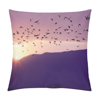 Personality  Flock Of Birds Flying At The Sunset Above Mountian At The Sunset Pillow Covers