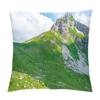 Personality  Flock Of Sheep Grazing On Valley With Rocky Mountains Of Background In Durmitor Massif, Montenegro Pillow Covers