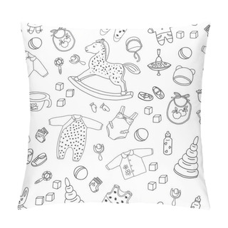 Personality  Pattern Of Children's Things And Toys Hand Drawn Doodle. Outline On The White Background. Vector Illustration For Backgrounds, Web Design, Design Elements, Textile Prints, Covers, Greeting Cards. Pillow Covers