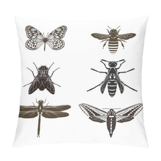 Personality  Set Of Silhouettes Of Flying Insects. Vector Illustration. Pillow Covers