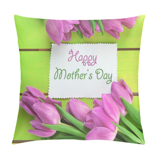Personality  Beautiful Bouquet Of Purple Tulips And Card On Green Wooden Background Pillow Covers
