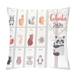 Personality  Calendar 2020 With Animals . Cute Forest Characters. Vector Illustration. Pillow Covers