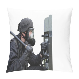 Personality  Special Unit Policeman In A Gas Mask And Shield, Isolated On White Pillow Covers