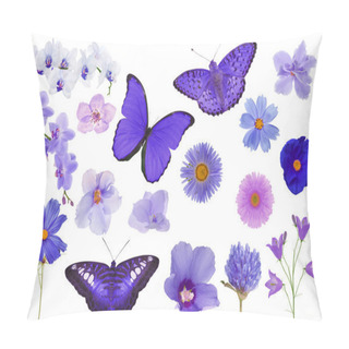 Personality  Set Of Violet Color Butterflies And Flowers Isolated On White Pillow Covers