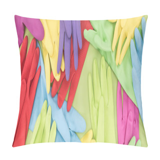 Personality  Panoramic Shot Of Scattered Multicolored Rubber Gloves On Green Background Pillow Covers