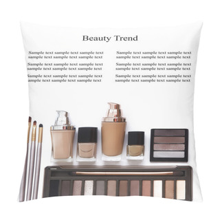 Personality  Cosmetics In Natural Colors And Brushes Isolated On White Background. Makeup Tools And Accessories. Brow Eyeshadows, Naturel Skin Foundation For Clean Ton On Face, Nail Polish, Make-up Brushes Pillow Covers