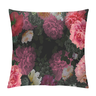 Personality  Vintage Floral Frame. Flowers Peonies, Tulips, Branches, Leaves, Decorative Herbs On Black Background. Flower Illustration Baroque Style. For Business Cards, Posters, Signs, Covers, Advertising. Pillow Covers