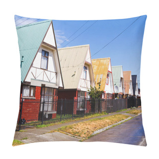 Personality  Row Of Vivid Colourful Timber, Wooden Houses, Punta Arenas, Patagonia, Chile. Lighted By Warm Summer Light. Pillow Covers