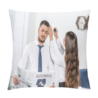 Personality  Girlfriend Styling Boyfriend Hair And He Reading Business Newspaper At Home, Social Role Concept Pillow Covers