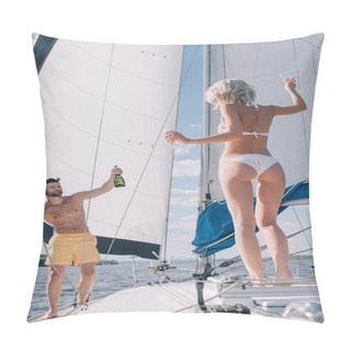 Personality  Handsome Shirtless Man Showing Bottle Of Champagne To Girlfriend With Glasses On Yacht Pillow Covers