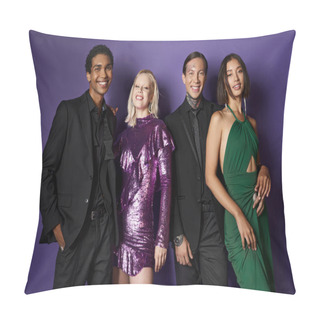 Personality  Christmas Party, Happy Multiethnic Male And Female Friends In Festive Attire Hugging On Purple Pillow Covers