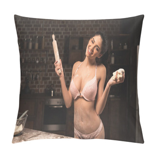 Personality  Sexy Young Woman In Underwear Holding Rolling Pin With Dough And Smiling At Camera Pillow Covers