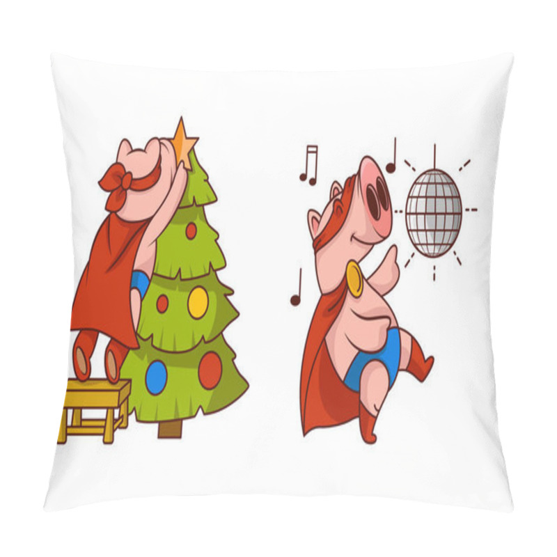 Personality  Pink Pig in Red Superhero Cloak and Mask Decorating Christmas Tree and Disco Dancing Vector Set pillow covers