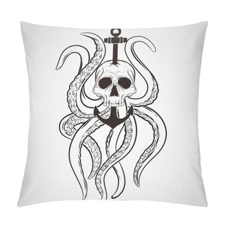 Personality  T-shirt Design. Skull With Octopus And Anchor In A Tattoo Style. Pillow Covers