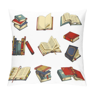 Personality  Hand Drawn Color Set Of Book Sketches. Vector Illustration Of Collection Of Stacks Of Books For Library Isolated On White Background. Pillow Covers