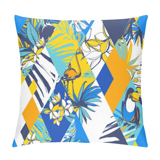 Personality  Seamless Diamond Pattern Tropical Birds, Palms, Flowers. Grunge Ink Style. Pillow Covers