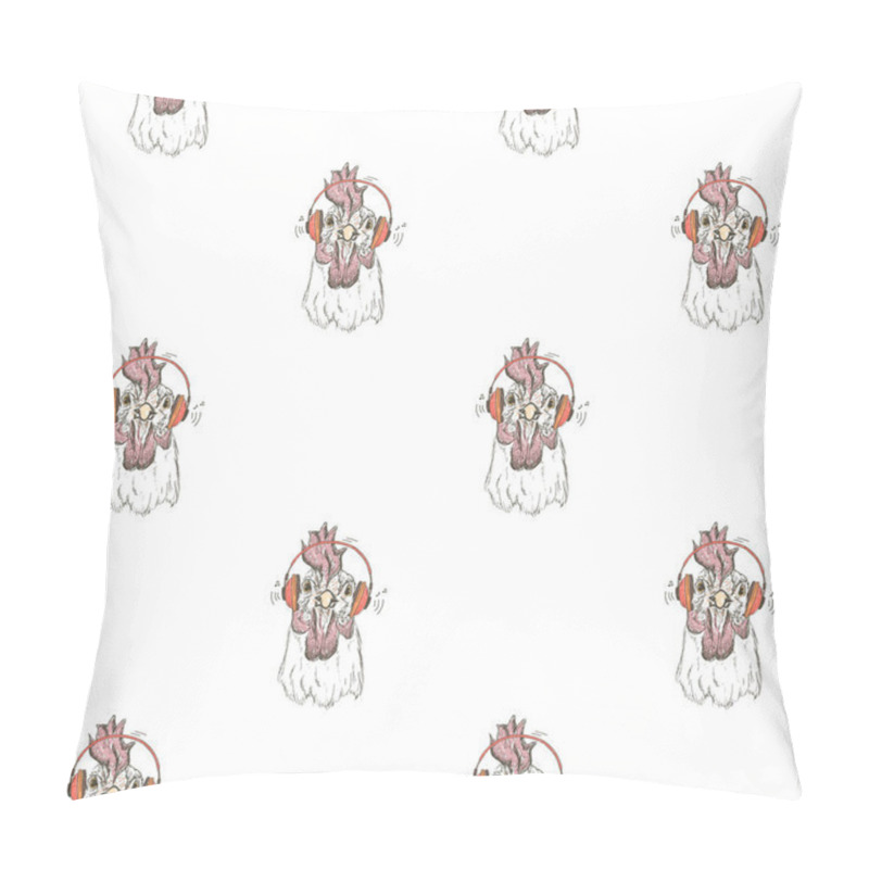 Personality  Seamless pattern with funny roosters listening music through headphones, hand drawn cartoon graphic vector pattern pillow covers