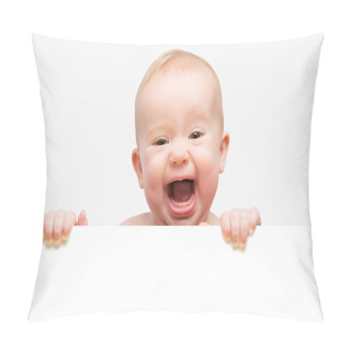 Personality  Funny Cute Baby With White Blank Banner Isolated Pillow Covers