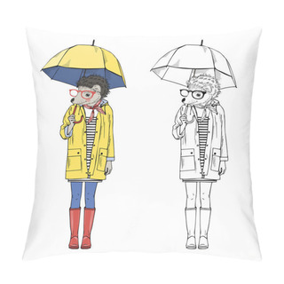 Personality Hedgehog Girl  In Yellow Raincoat, Pillow Covers