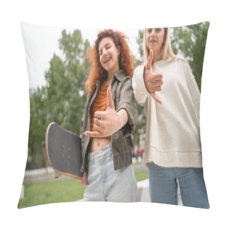 Personality  Blurred Skaters Showing Hang Loose Gesture While Smiling At Camera Pillow Covers