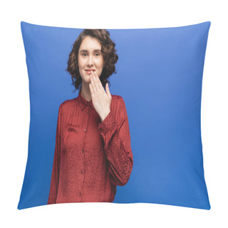 Personality  Happy Young Woman Telling Thank You On Sign Language Isolated On Blue Pillow Covers