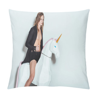 Personality  Handsome Man In Boxer Shorts And Black Jacket Riding Big Unicorn, On Grey Pillow Covers