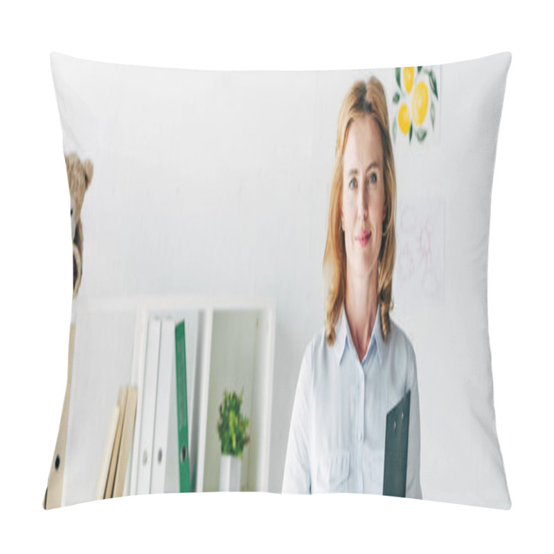 Personality  panoramic shot of attractive child psychologist in shirt looking at camera  pillow covers